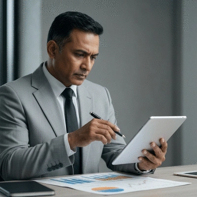 Person analyzing financial charts on a tablet, illustrating low-cost investments and stability