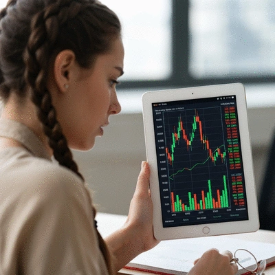 Person looking at stock market data on a tablet, showing graphs and numbers, with a worried expression, symbolizing market uncertainty, no text, no words, no typography, 8K