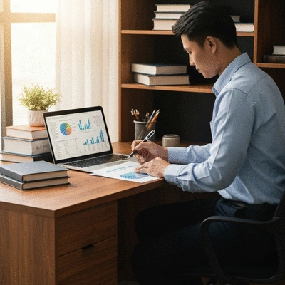 Person studying financial charts and documents, surrounded by books and a laptop