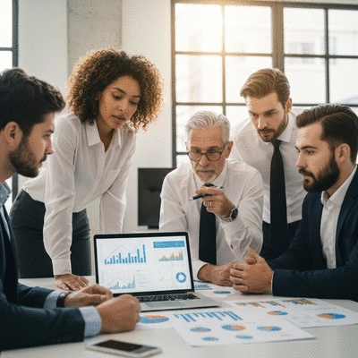 Group of people discussing financial strategies around a table with a laptop and charts