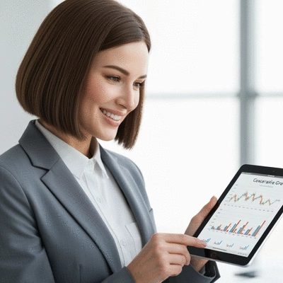 Person looking at investment charts on a tablet, showing conservative growth