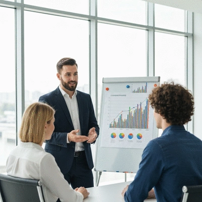Financial advisor explaining investment options to a couple, showing diversified portfolio