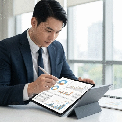 Investor reviewing financial data on a tablet with charts and graphs