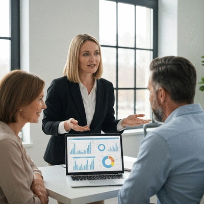 Financial advisor consulting with a couple, showing them charts and data on a laptop, in a modern office setting, symbolizing personalized investment strategies, no text, no words, no typography, 8K