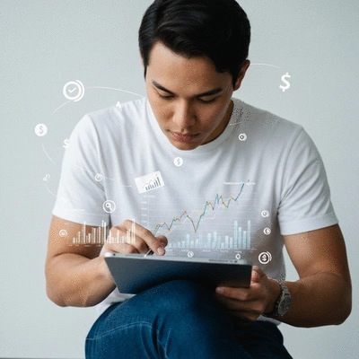 Person analyzing financial graphs on a tablet with various investment symbols floating around them, symbolizing income-focused investment strategies, no text, no words, no typography, clean image