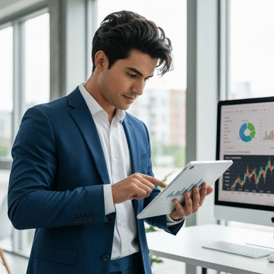 Person analyzing financial charts on a tablet, with a diversified investment portfolio visible, symbolizing monitoring and rebalancing