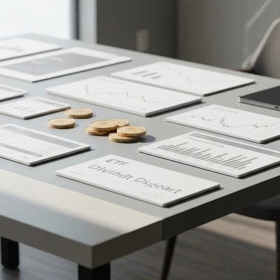 Diverse investment products like bonds, ETFs, and dividend stocks arranged on a table with financial charts in the background