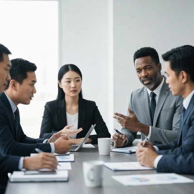 Diverse group of investors discussing financial strategies around a table