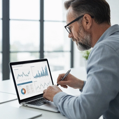 Person analyzing bond investment data on a laptop with charts and graphs