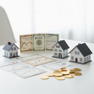 Diverse financial assets on a table, including stocks, bonds, and real estate documents, symbolizing diversification