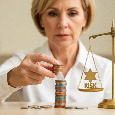 Close-up of a person balancing a stack of coins and a risk symbol on a scale, symbolizing balancing income and risk in a portfolio, no text, no words, no typography, clean image