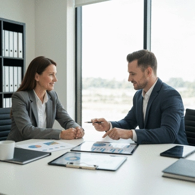 Financial advisor discussing investment options with a client, illustrating strategic guidance