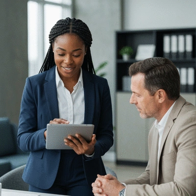 Financial advisor explaining investment strategies to a client on a tablet, symbolizing expert guidance