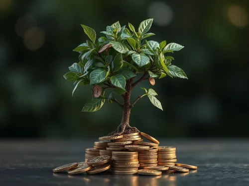 Illustration of growing money tree with coins and dollar signs