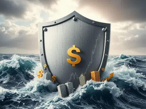Illustration of a shield protecting investments from market volatility